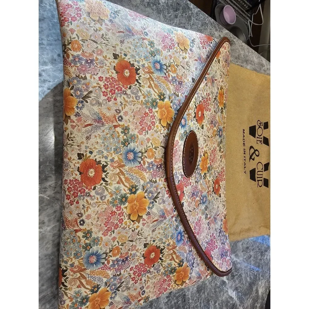 Soie & Cuir‎ Made In Italy V&V Clutch Handbag Beautiful Leather Accents Floral
